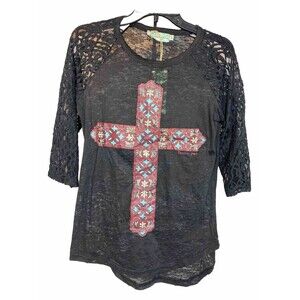 Southern Grace Black Lace & Maroon Blk Glitter Floral Cross Burnout Shirt Size S